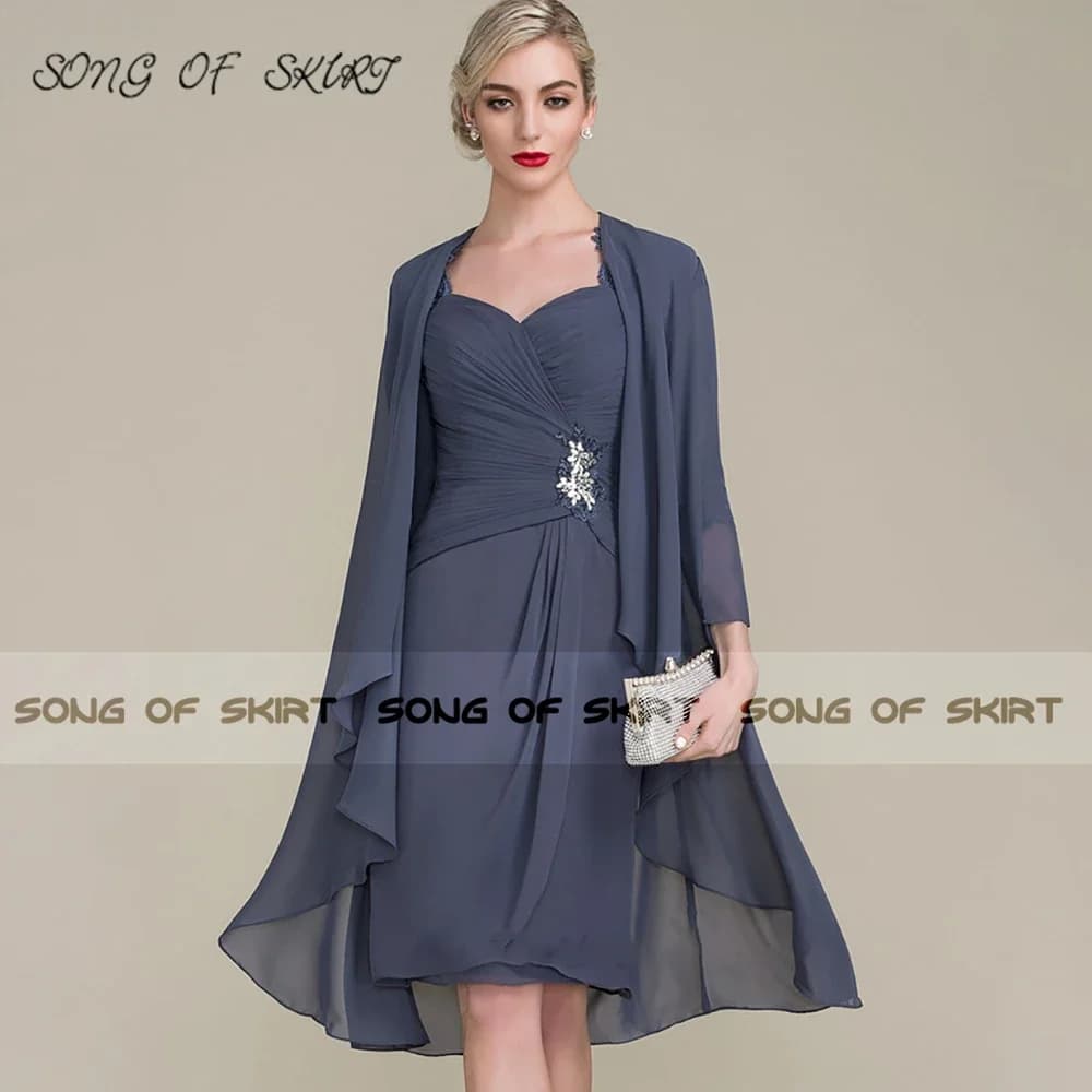 Customized Navy Blue Chiffon Mother Of Bride Dresses Formal Two Piece Lace Wedding Guests Dress Women Gown Robe De Soirée Femme