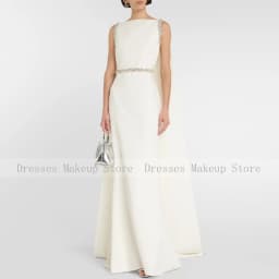 Customized New Ivory Prom Dresses Sleeveless Boat Neck Sweep Train Formal Party Gowns Crystal Mermaid Evening Gowns for Women