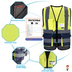 AYKRM High Visibility Reflective Vest Safety Zip Pocket Hi Viz Security Waistcoats Multi Customized Logo Construction