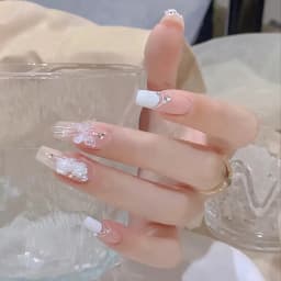 24Pcs Mid-Length Fake Nails 3D Flower Pearl Designs Nude Pink Color Press on Nails Ballerina False Nails for Women DIY Manicure