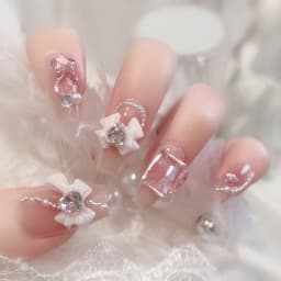 24Pcs Mid-Length Fake Nails 3D Flower Pearl Designs Nude Pink Color Press on Nails Ballerina False Nails for Women DIY Manicure