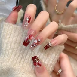 24Pcs Mid-Length Fake Nails 3D Flower Pearl Designs Nude Pink Color Press on Nails Ballerina False Nails for Women DIY Manicure