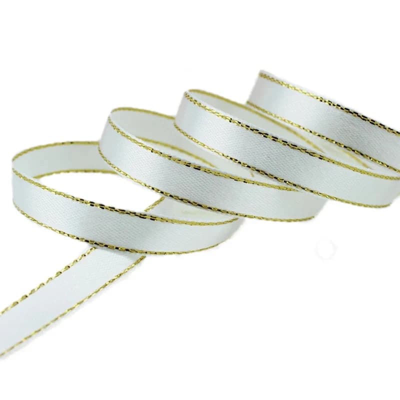 (25 Yards/Lot) 10mm Satin Ribbon White Gold Edge Wholesale High Quality Gift Packaging Ribbons