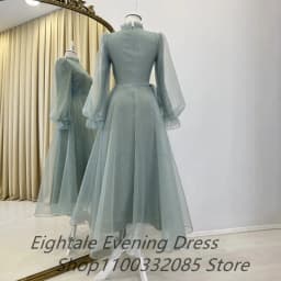 Customized Turkey Arabia Muslim Engagement Shinning Fabric Evening Dress Puff Sleeve Maxi Party Dress A Line Formal Gown