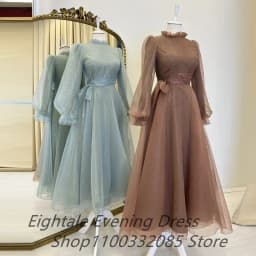 Customized Turkey Arabia Muslim Engagement Shinning Fabric Evening Dress Puff Sleeve Maxi Party Dress A Line Formal Gown