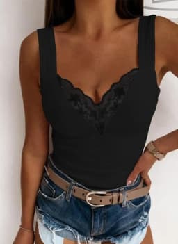 Women Summer Fashion V Neck Tank Casual Solid Color Lace Sleeveless Sexy Shirts Slim Tops