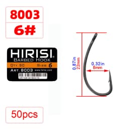 Hirisi 50pcs Coating High Carbon Stainless Steel Barbed Carp Fishing Hooks Pack with Retail Original Box 8003