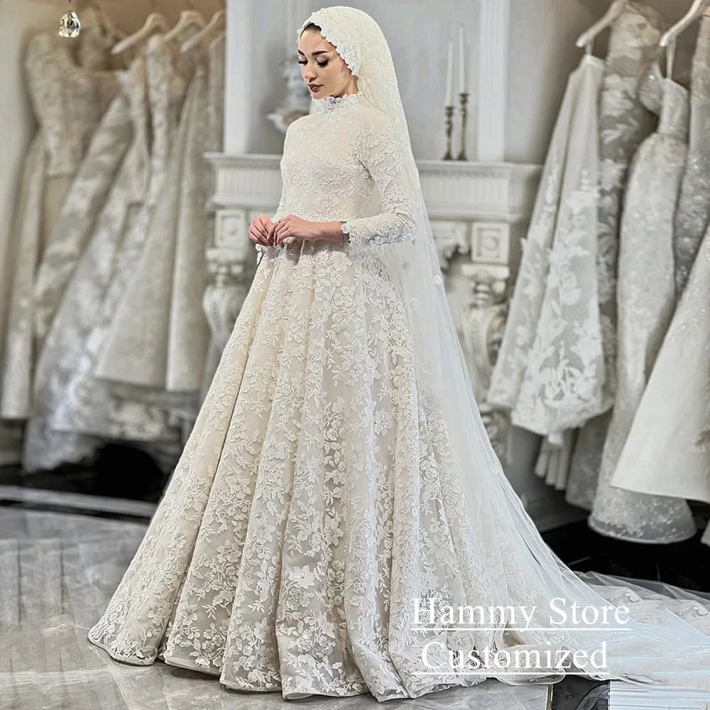 Exquisite Lace Wedding Dress Customized Musilum Bridal Gown High Neck Long Sleeves Sweep Train A Line Arabian Bridal Gown