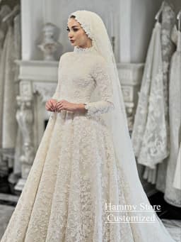 Exquisite Lace Wedding Dress Customized Musilum Bridal Gown High Neck Long Sleeves Sweep Train A Line Arabian Bridal Gown