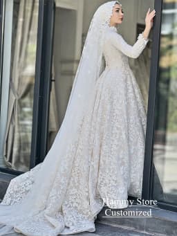 Exquisite Lace Wedding Dress Customized Musilum Bridal Gown High Neck Long Sleeves Sweep Train A Line Arabian Bridal Gown