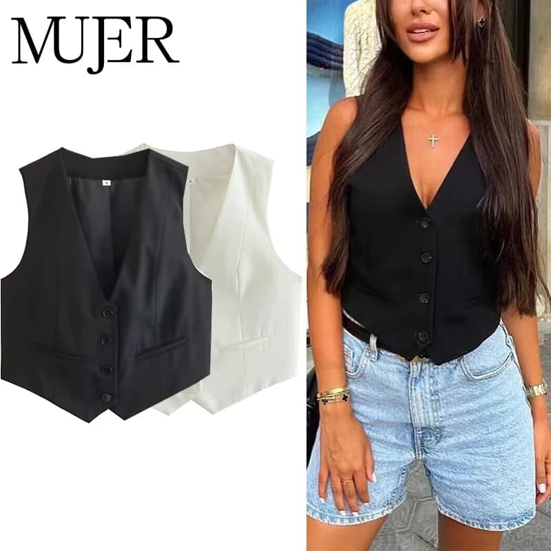 MUJER Women's Vest Black White Cropped Vest Top Women V Neck Sleeveless Vest Woman Fashion Working Summer Suit Vest Short Coats