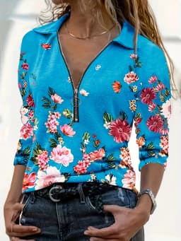 Women's Fashion Zipper Flower Print Long sleeved Top