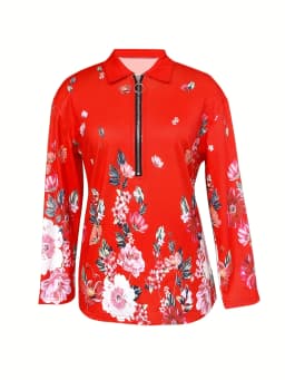 Women's Fashion Zipper Flower Print Long sleeved Top
