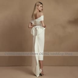 Midi Wedding Dress Simple Off the Shoulder Sheath/Column Wedding Gowns for Women 2023 Bride Detachable Big Bow Civil Bridal Gown