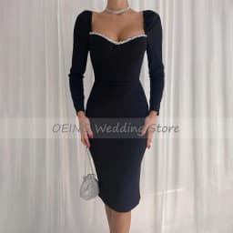 Little Black Dress Long Sleeves Crystal Sweetheart Sheath Cocktail Gowns for Women Knee Length Bodycon Simple Party Dresses Midi