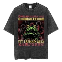 The Horrors Are Never Ending Yet I Remain Silly T-shirt Funny Japanese Style Frog Retro Washed T Shirt Men's Oversized Tees Tops