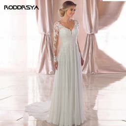 V Neck Long Sleeves Chiffon Beach Wedding Dresses Open Back White Lace Applique Bridal Dress Party Vestidos De Novia A-line