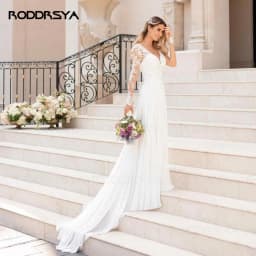 V Neck Long Sleeves Chiffon Beach Wedding Dresses Open Back White Lace Applique Bridal Dress Party Vestidos De Novia A-line