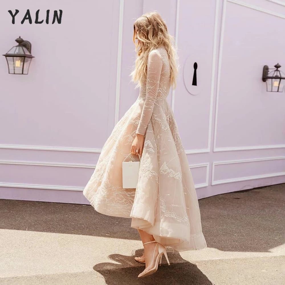 Customized Elegant High Low Prom Dresses Long Sleeves Ankle Length Pleated Homecoming Applique Lace vestidos de fiesta