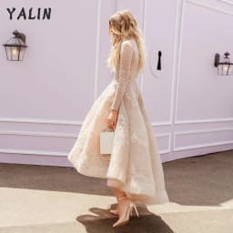 Customized Elegant High Low Prom Dresses Long Sleeves Ankle Length Pleated Homecoming Applique Lace vestidos de fiesta