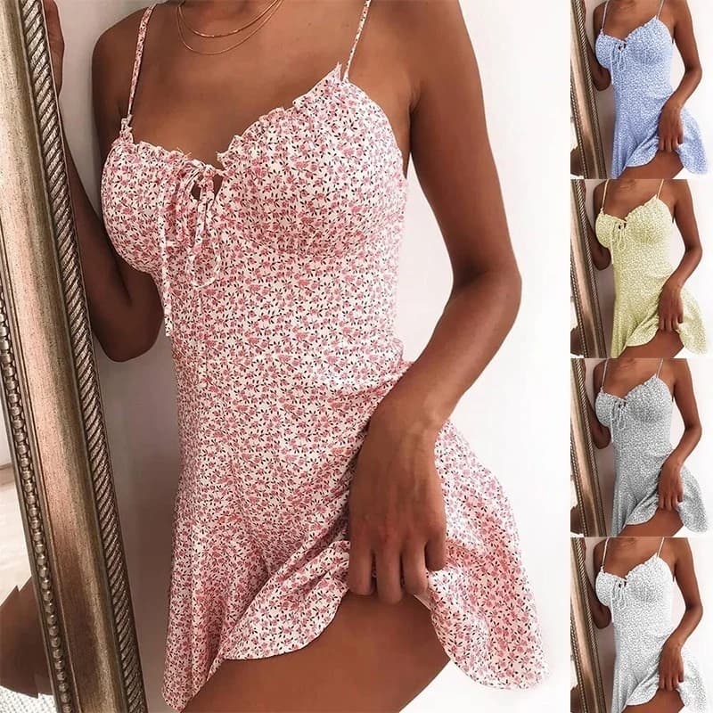 Summer Women New Sling Dresses Fashion Spaghetti Strap Flower Dress Tie Front Slim Dress Miniskirt Sexy Dress