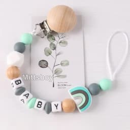 NEW Personalized Name Handmade Beech Pacifier Clip Holder Chain Silicone Rainbow Pacifier Chain Baby Teether Teething Chain Gift