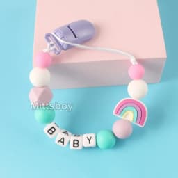 NEW Personalized Name Handmade Beech Pacifier Clip Holder Chain Silicone Rainbow Pacifier Chain Baby Teether Teething Chain Gift