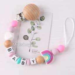 NEW Personalized Name Handmade Beech Pacifier Clip Holder Chain Silicone Rainbow Pacifier Chain Baby Teether Teething Chain Gift