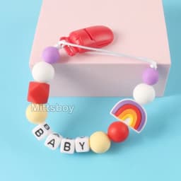 NEW Personalized Name Handmade Beech Pacifier Clip Holder Chain Silicone Rainbow Pacifier Chain Baby Teether Teething Chain Gift