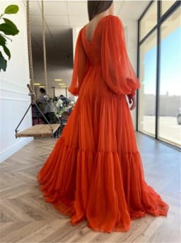 Sevintage Customized Long Puff Sleeves Prom Dresses V-Neck Pleats Chiffon Princess Evening Gowns Women Party Dress Plus Size