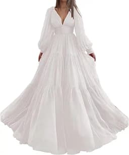 Sevintage Customized Long Puff Sleeves Prom Dresses V-Neck Pleats Chiffon Princess Evening Gowns Women Party Dress Plus Size