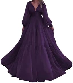 Sevintage Customized Long Puff Sleeves Prom Dresses V-Neck Pleats Chiffon Princess Evening Gowns Women Party Dress Plus Size