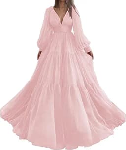 Sevintage Customized Long Puff Sleeves Prom Dresses V-Neck Pleats Chiffon Princess Evening Gowns Women Party Dress Plus Size