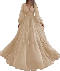 Sevintage Customized Long Puff Sleeves Prom Dresses V-Neck Pleats Chiffon Princess Evening Gowns Women Party Dress Plus Size