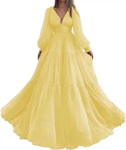 Sevintage Customized Long Puff Sleeves Prom Dresses V-Neck Pleats Chiffon Princess Evening Gowns Women Party Dress Plus Size