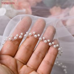 TOPQUEEN V35 Bridal Veil with Pearls Single Tier Bead Edge Bridal Veil Elbow Length Elegance Voile De MariéE High Quality