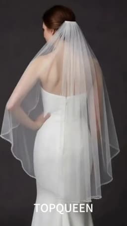 TOPQUEEN V35 Bridal Veil with Pearls Single Tier Bead Edge Bridal Veil Elbow Length Elegance Voile De MariéE High Quality