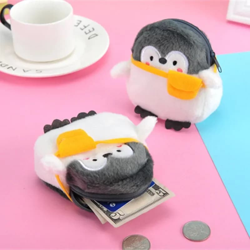 Women's Cute Coin Wallet Cartoon Soft Plush Small Coin Purse Bag for Women Penguin Animal Zippper Coin Money Card Purses Cases