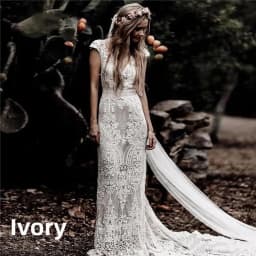 Womens Boho Mermaid Wedding Dress Full Lace V-neck Cap Sleeve Low Back Sweep Train Vintage Bridal Gown for Beach Outdoor Wedding