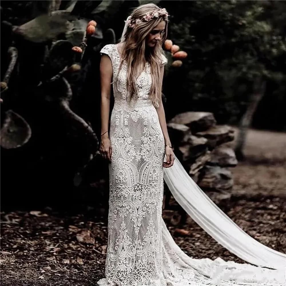 Womens Boho Mermaid Wedding Dress Full Lace V-neck Cap Sleeve Low Back Sweep Train Vintage Bridal Gown for Beach Outdoor Wedding