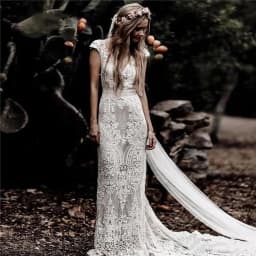 Womens Boho Mermaid Wedding Dress Full Lace V-neck Cap Sleeve Low Back Sweep Train Vintage Bridal Gown for Beach Outdoor Wedding