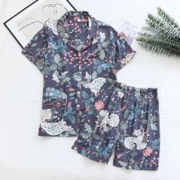 Spring And Autumn Ladies Cute Cartoon Floral Viscose Fiber Pajamas Two-piece Long-sleeved Home Service Cotton Summer Thin Shorts