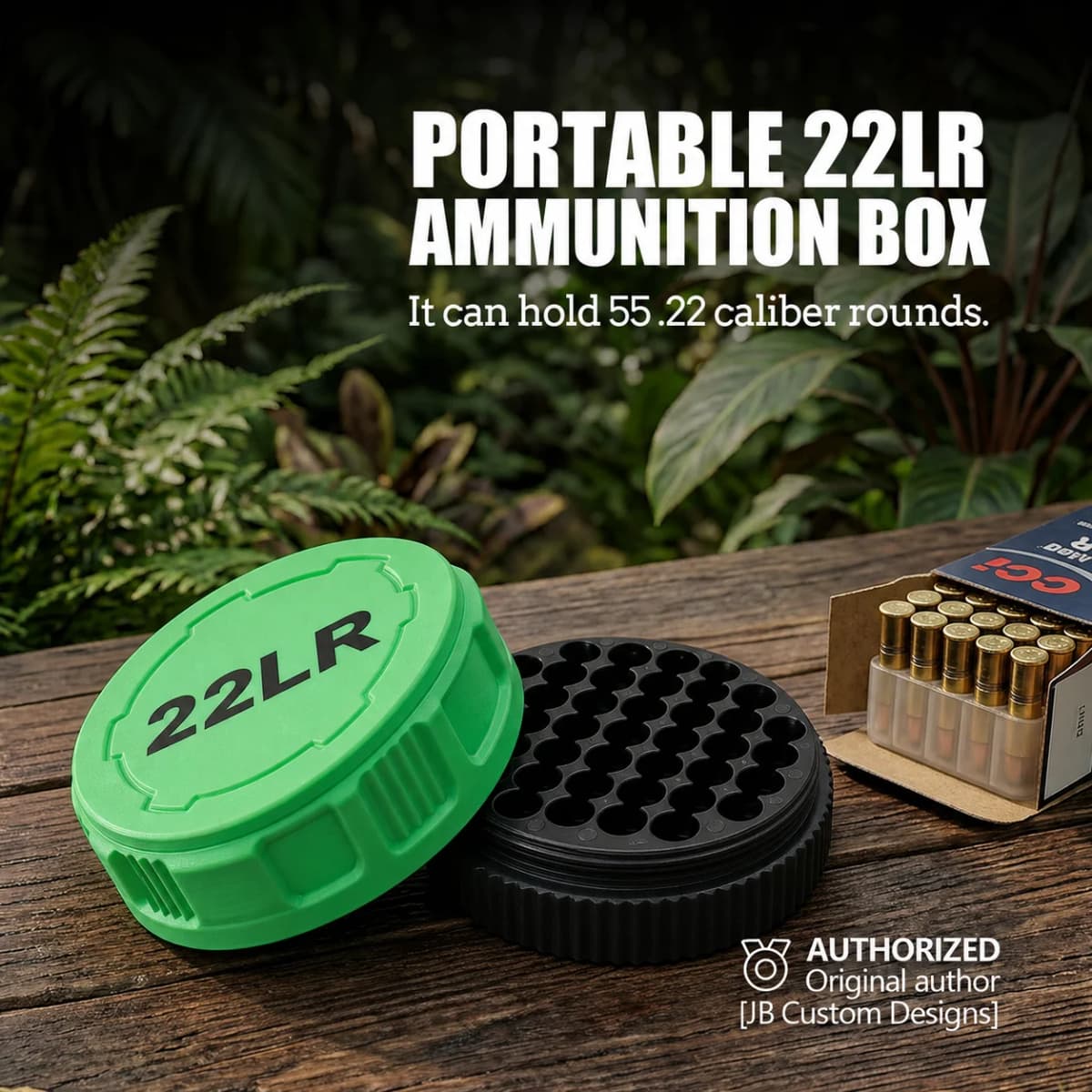 A compact storage case capable of holding 55 .22LR rounds—convenient for carrying to the shooting range.