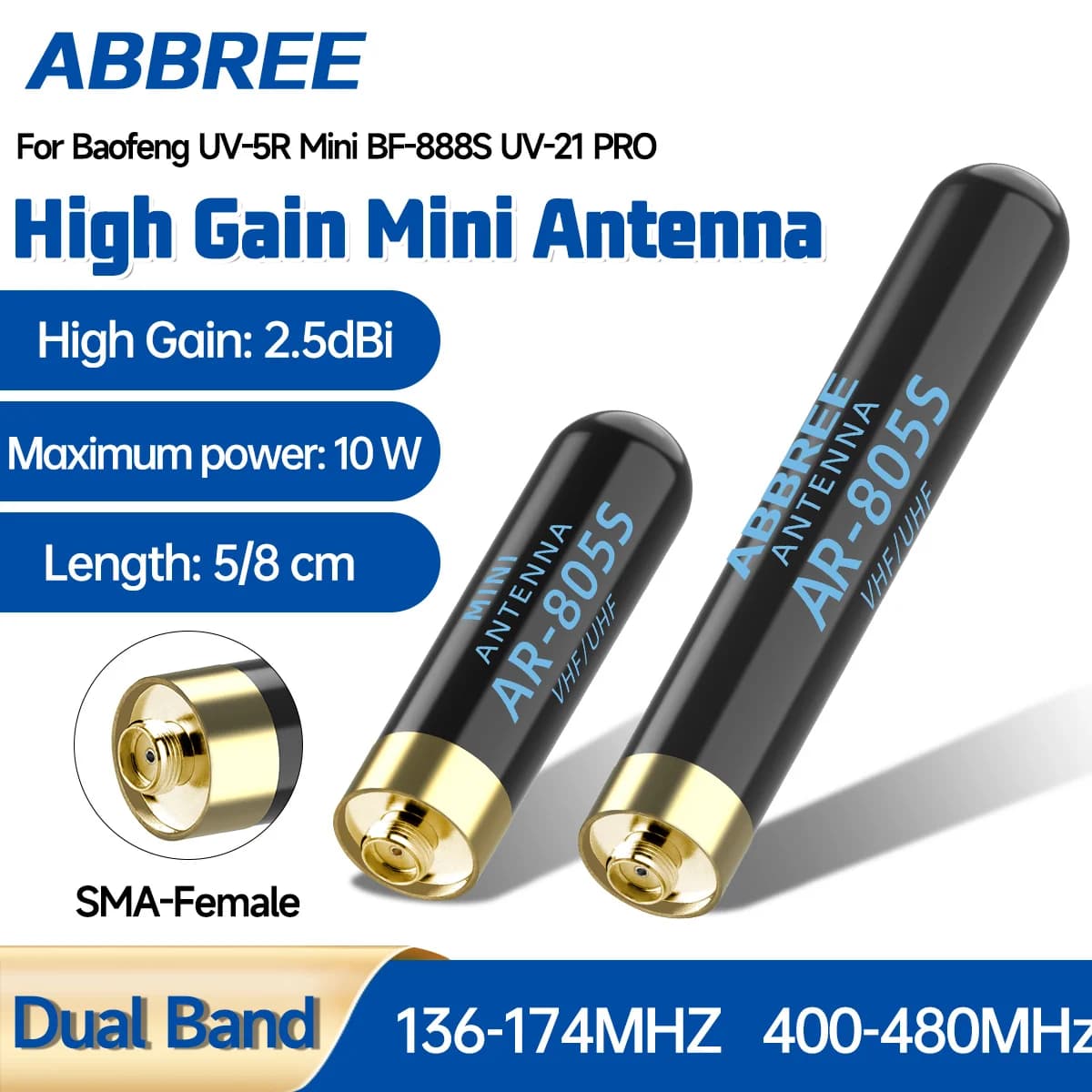 ABBREE AR-805PLUS Mini Antenna Walkie Talkie SMA-Female UHF VHF High Gain upgrade AR-805S For Baofeng UV-5Rmini UV-5RH Ham Radio