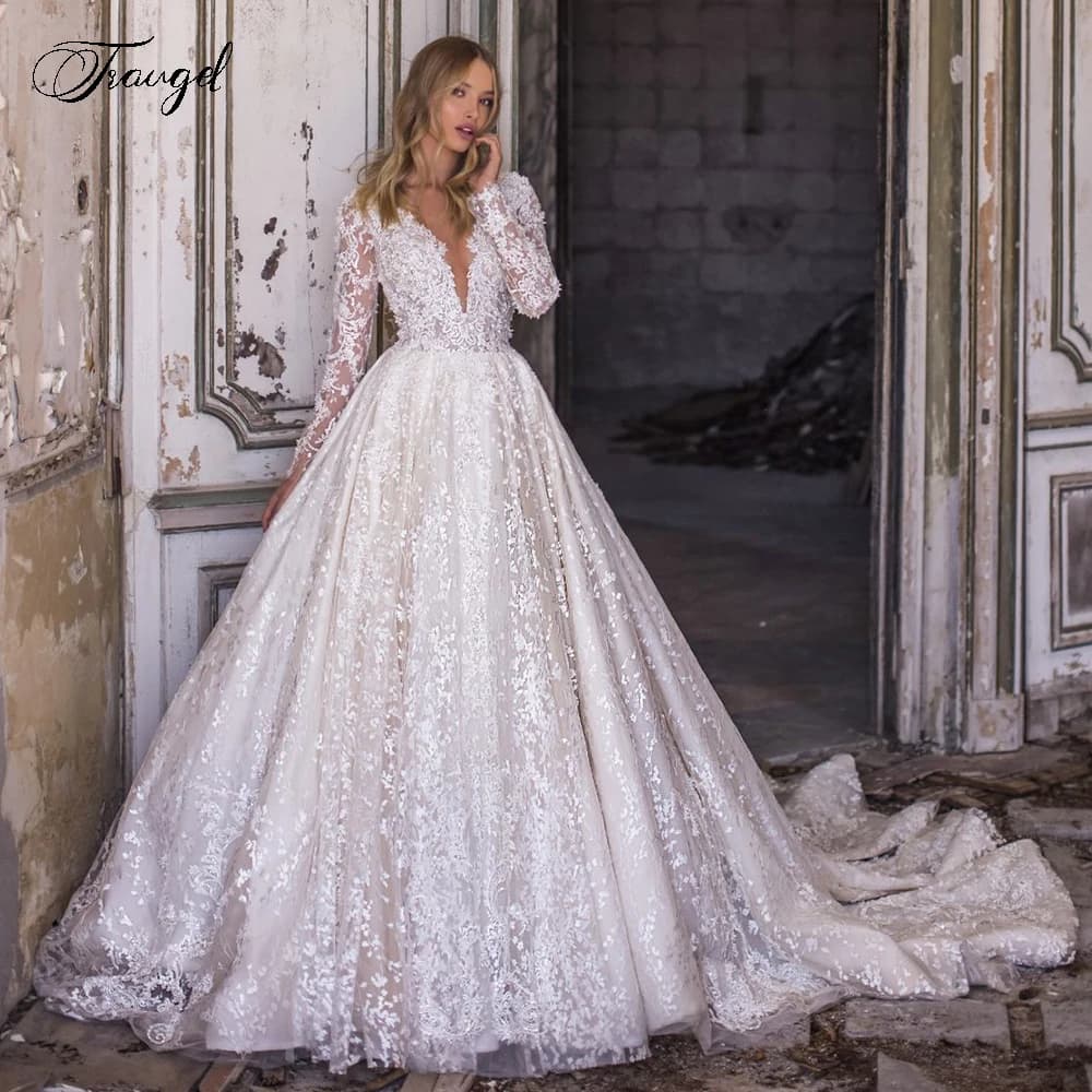 Traugel V Neck A Line Lace Wedding Dresses Elegant Applique Long Sleeve Zipper Bride Dresses Chapel Train Bridal Gowns Plus Size