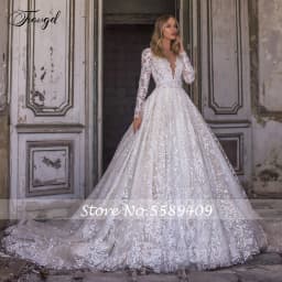 Traugel V Neck A Line Lace Wedding Dresses Elegant Applique Long Sleeve Zipper Bride Dresses Chapel Train Bridal Gowns Plus Size