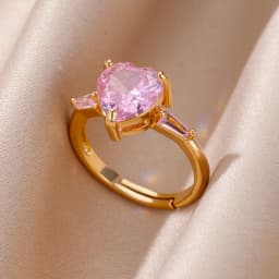 Pink Zircon Heart Rings For Women Gold Plated Stainless Steel Adjustable Heart Ring 2026 Trend Wedding Aesthetic Jewelry Gift