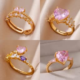 Pink Zircon Heart Rings For Women Gold Plated Stainless Steel Adjustable Heart Ring 2026 Trend Wedding Aesthetic Jewelry Gift