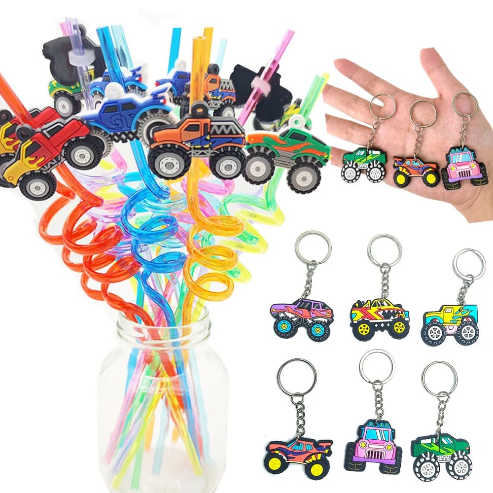 Monster Truck Theme Silicone keychain Drinking Straws Monster Truck Birthday Party Supplies Dessert Plate Napkins Cup Tablecloth