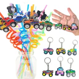 Monster Truck Theme Silicone keychain Drinking Straws Monster Truck Birthday Party Supplies Dessert Plate Napkins Cup Tablecloth